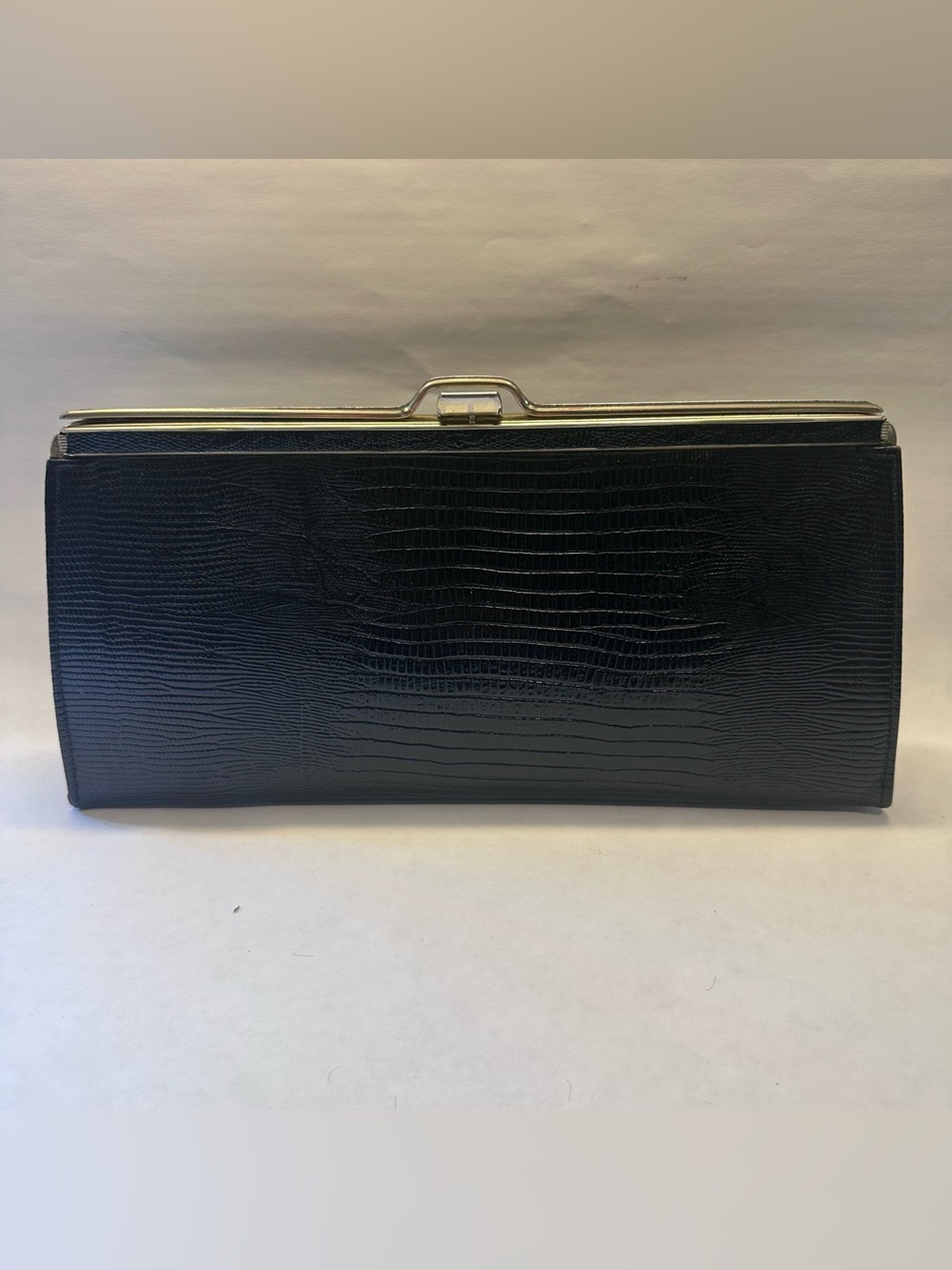 Vintage Triangle NY Black Lizard Skin Envelope Clutch 1950's Exotic MCM Purse